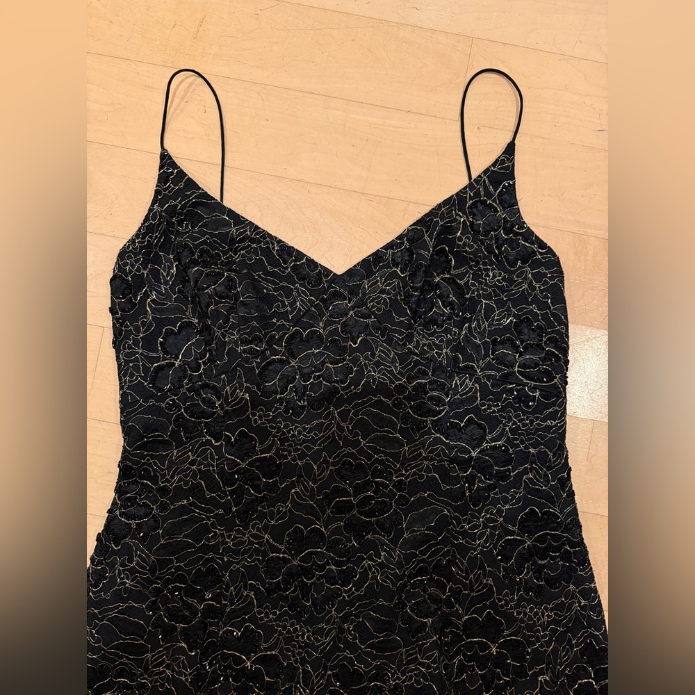 Carmen Marc Valvo Vintage Black Beaded Lace Maxi Camisole cocktail Dress size 10